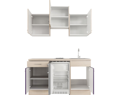 Flex Well enkele keuken met apparatuur Focus 150,5 cm acacia aubergine mat gedemonteerd omkeerbaar uitvoering 00008311