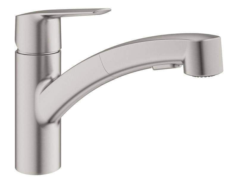 GROHE Küchenarmatur Start 1/2″, Supersteel, herausziehbar Einhand-Spültischbatterie mit herausziehbarer Dual Spülbrause und niedrigem Auslauf