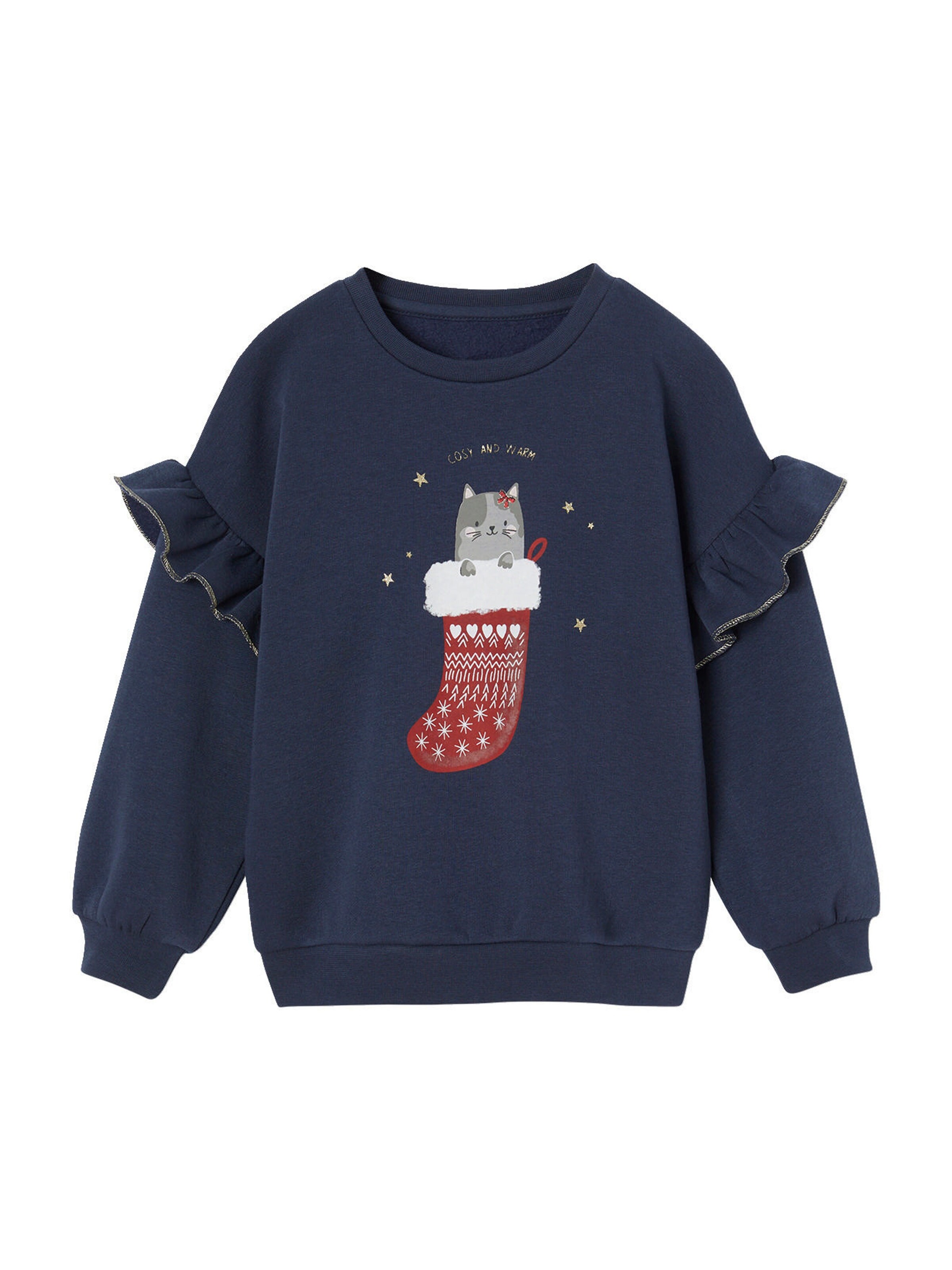 Vertbaudet Mädchen Sweatshirt mit Glitzerkatze und Recycling-Polyester marine