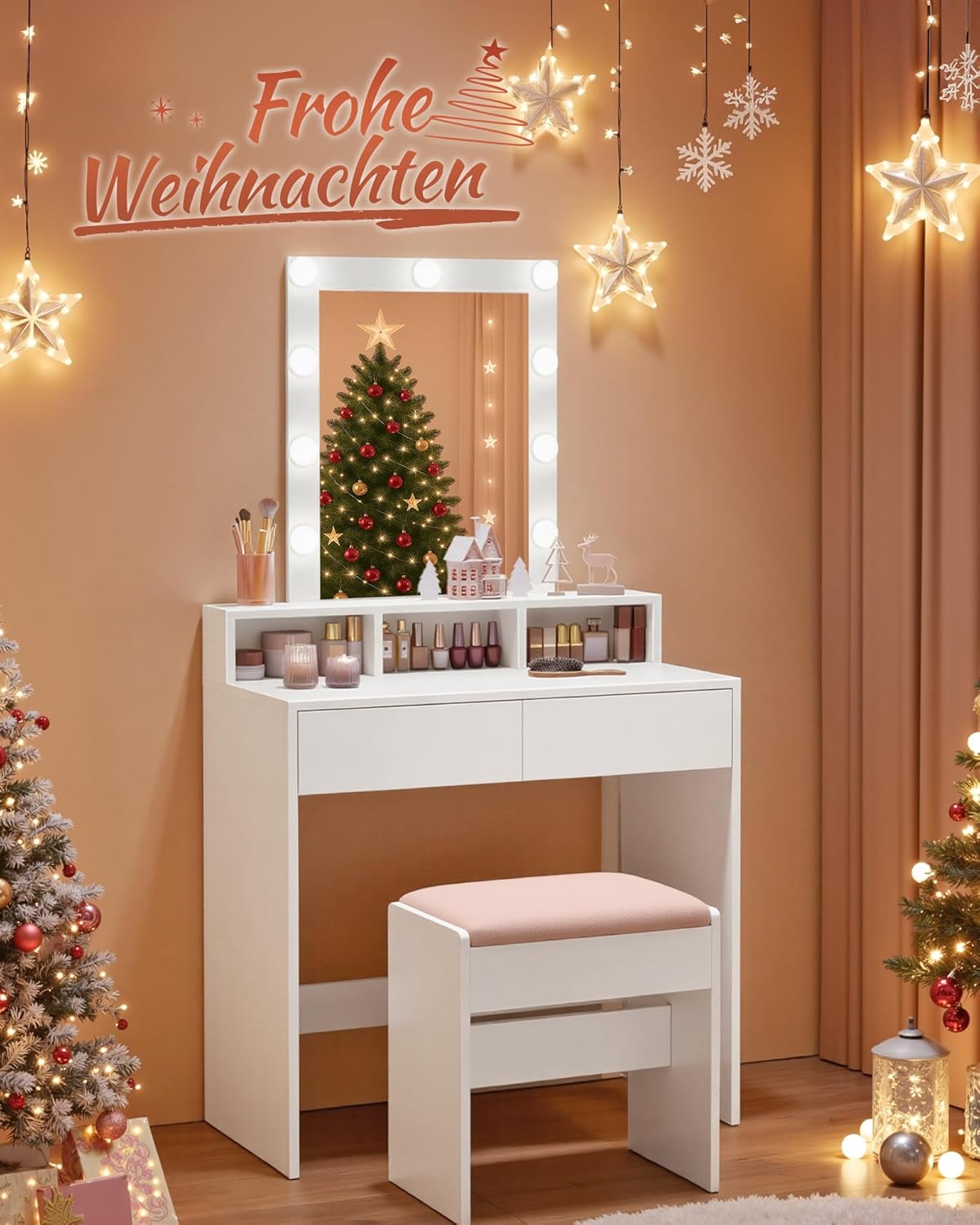 VASAGLE Schminktisch mit LED-Beleuchtung, Sitzhocker, Kosmetiktisch mit 2 Schubladen und 3 offenen Fächern, Makeup-Hocker aus Samt, für Schlafzimmer, weiß und mattweiß-pastellrosa RDT714W01
