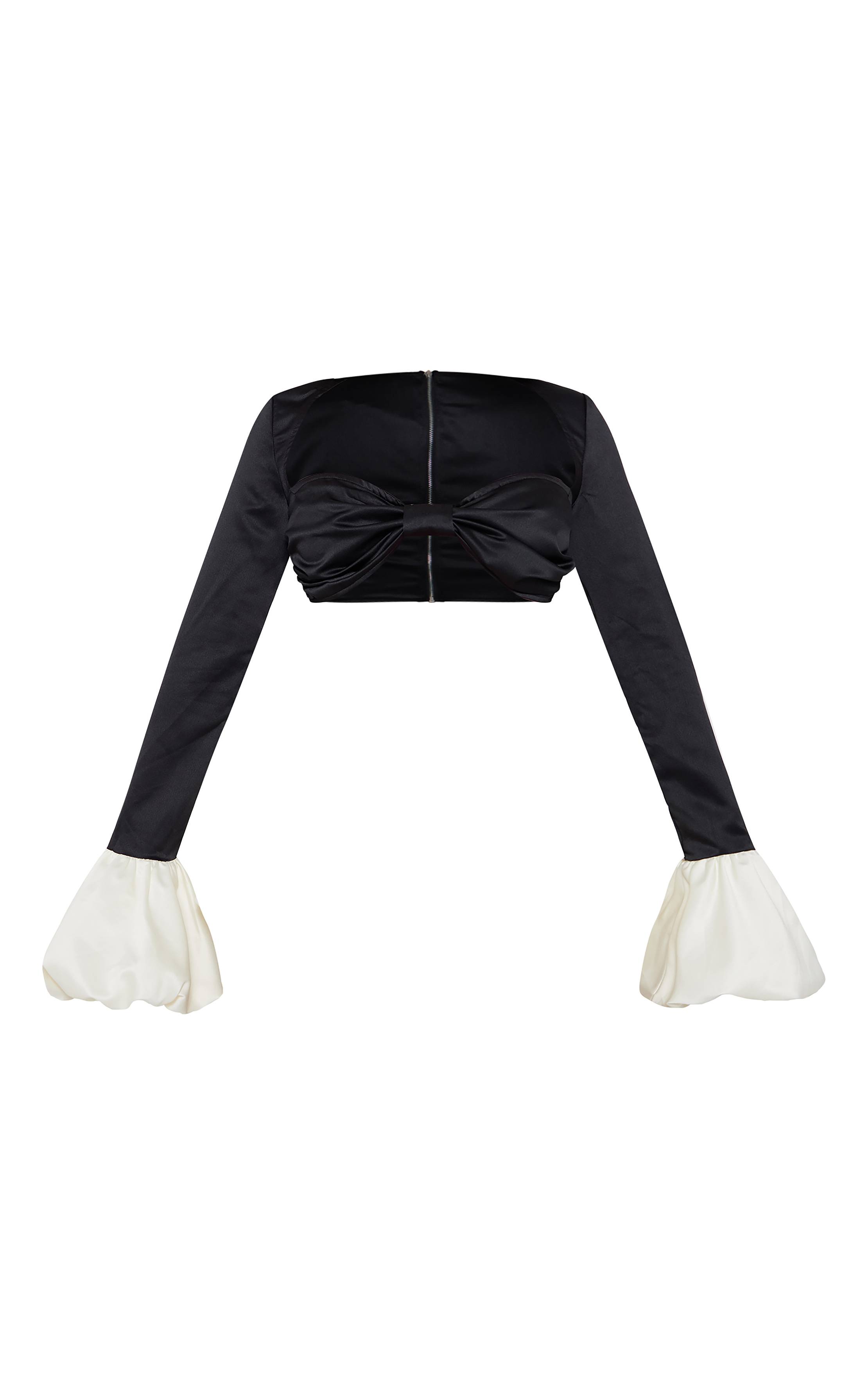 Noir Ensemble Coordonné Brassière Satinée À Manches Longues Bouffantes Contrastées