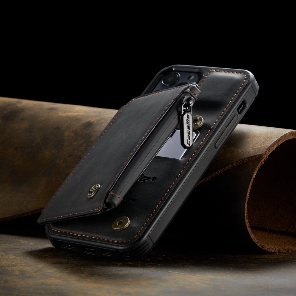 iPhone 12 / iPhone 12 Pro Leder Schutzhülle mit Münzbeutel   3 Kartenfächern - Schwarz