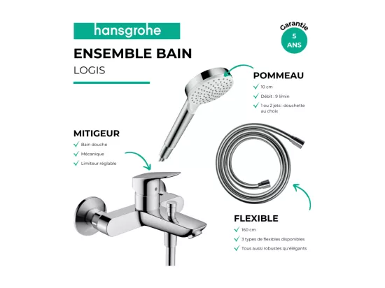 Pack mitigeur bain douche mécanique HANSGROHE Logis + Flexible Designflex + Pommeau Vernis Blend 100 EcoSmart 1jet chromé