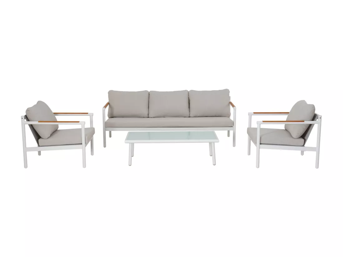 Salon de jardin en aluminium : un canapé 3 places, 2 fauteuils et une table basse - Blanc coussins beiges - LAKIT de MYLIA