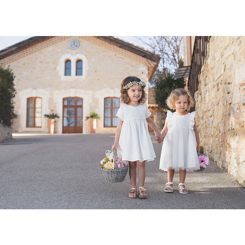 Robe manches courtes en jacquard pour bébé fille - Ecru