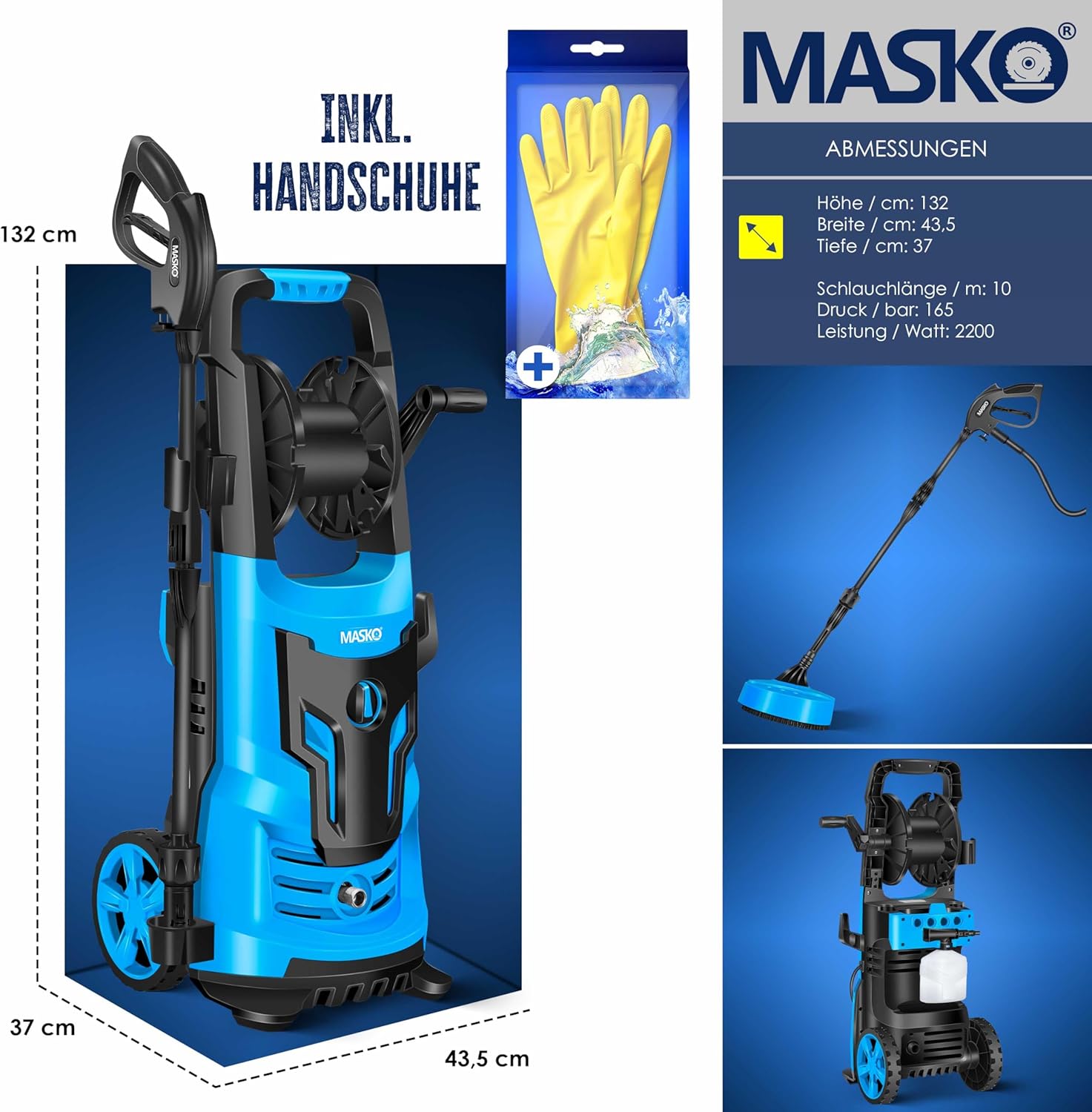 MASKO® Hochdruckreiniger 2200 Watt 165 bar 450 l/h, mit Spule Schlauchtrommel 10m Schlauch 9 TLG Zubehör Set, mit Handschuhen, Seifenflasche, Schaumdüse, Hochdruckpistole für Autos/Zäune/Garten/Patios