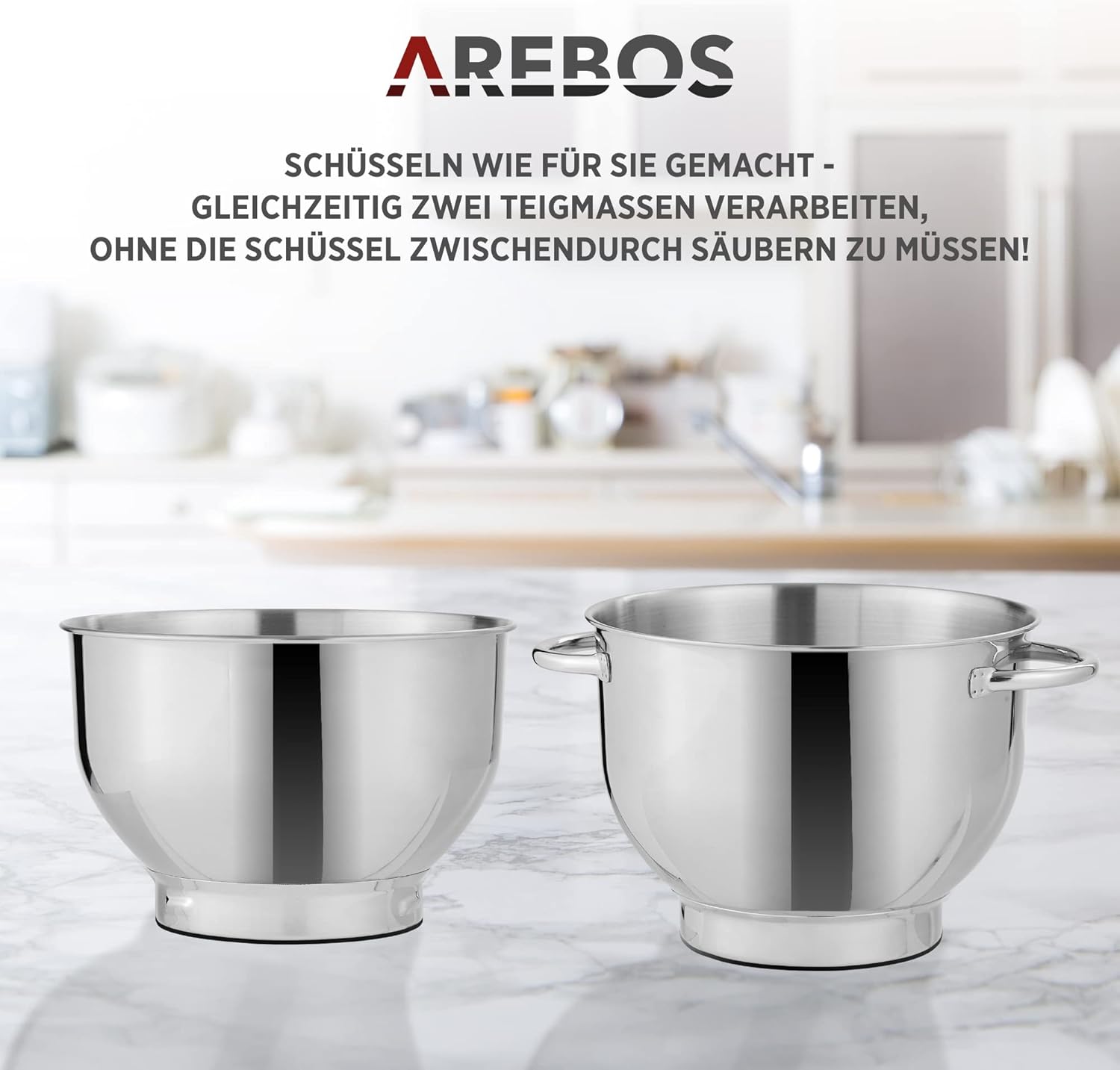 Arebos Küchenmaschine 1500W Türkis | Knetmaschine mit 2x Edelstahl-Rührschüsseln 4,5 & 5,5L | Geräuscharm | Küchenmixer mit Rührhaken, Knethaken, Schlagbesen und Spritzschutz | 6 Geschwindigkeiten