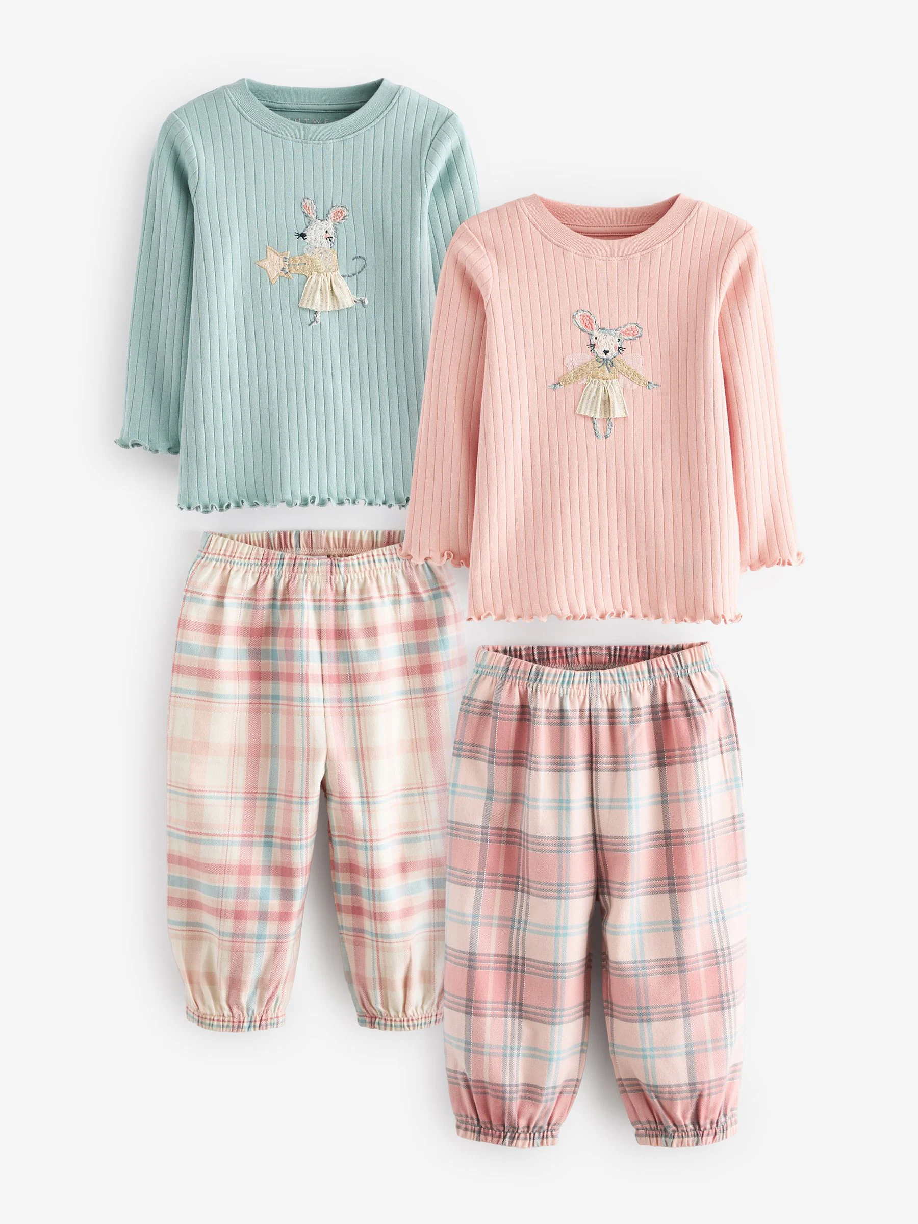 Roze/blauw met muis - Verpakking van 2 pyjama's met geweven broek (9 mnd - 10 jr)