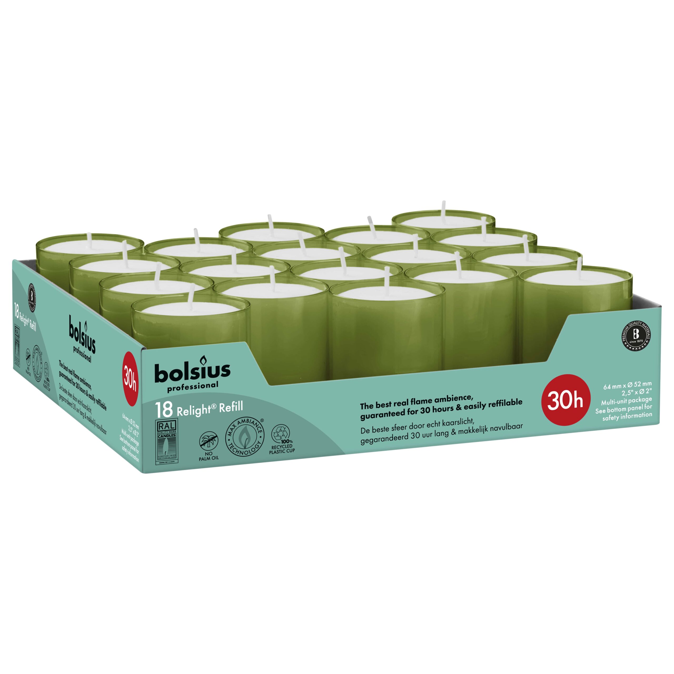 Bolsius Horeca Relight Navullingen 64/52 Olijfgroen (18 stuks)