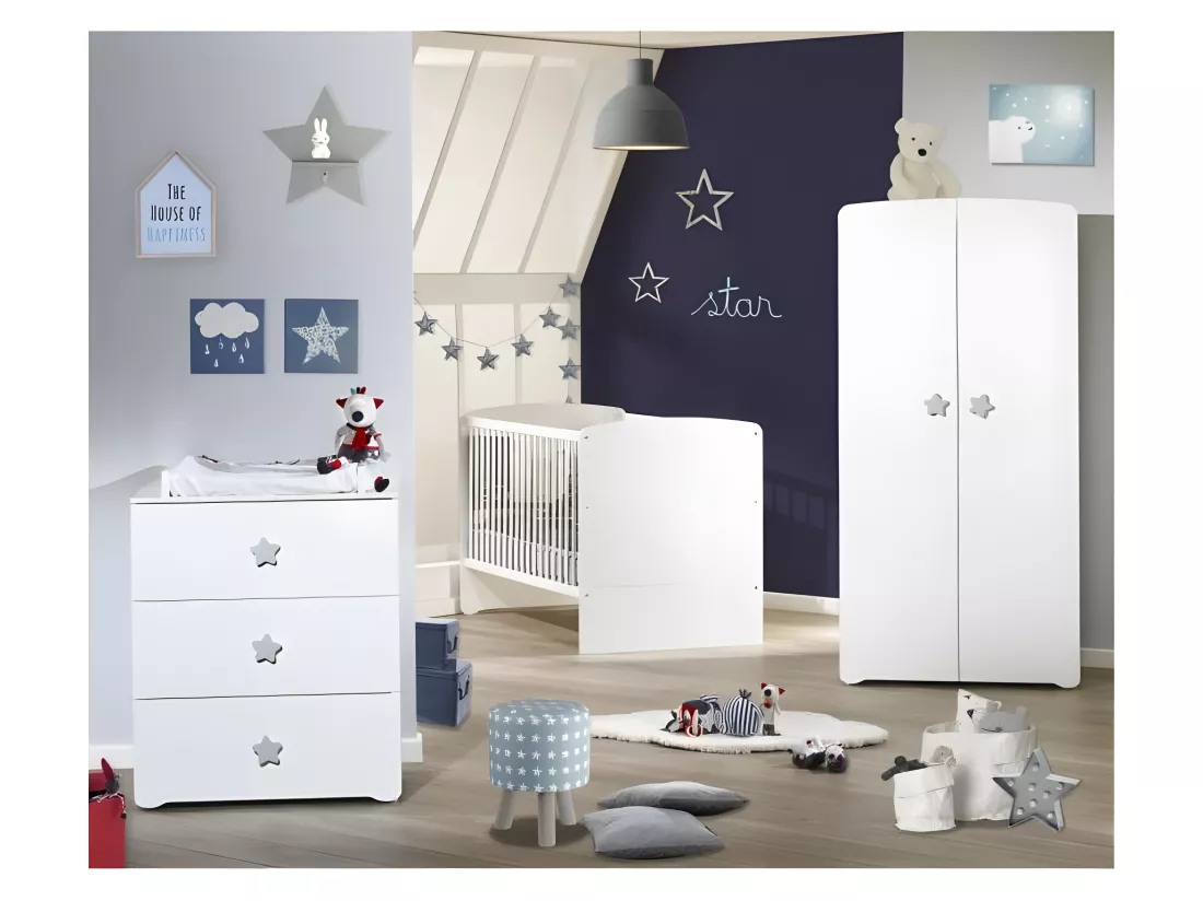 BABY PRICE Armoire chambre bebe 2 portes - Boutons etoile gris - New Basic