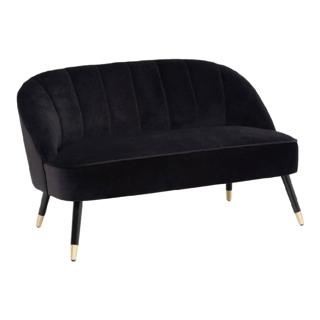 Canapé 2 places en velours noir – style rétro chic avec pieds dorés – confort élégant pour salon moderne