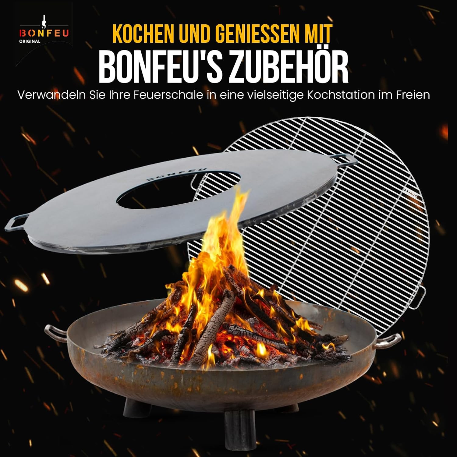 BonFeu BonBowl Plus Feuerschale 100 cm Durchmesser - Feuerschalen für den Garten - Feuerstelle Outdoor & Feuertonne - Feuerschale mit Opt. Grillrost - Feuerkorb für den Garten - 100x100x23.5cm