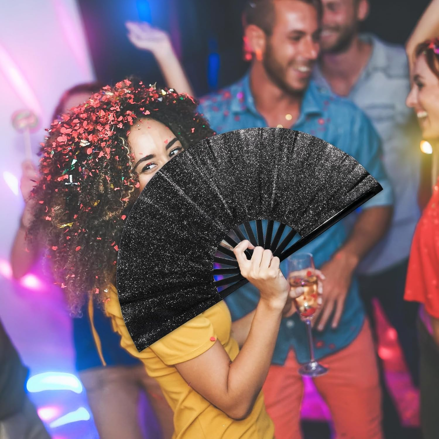 Bambus Fächer Faltbarer Glitzer Handfächer Sommer Fan - Schwarz
