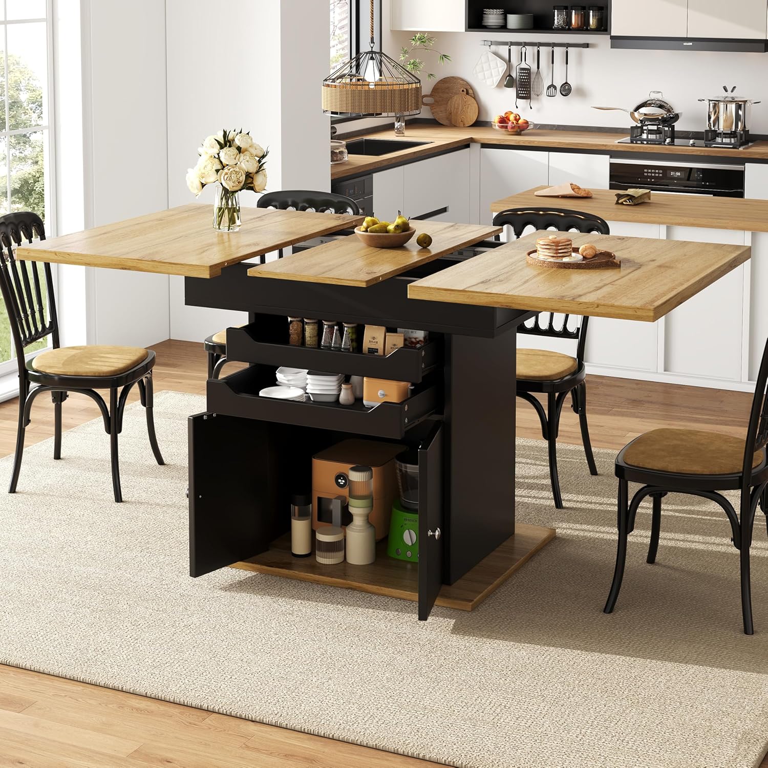 Esstisch Ausziehbar(110-140 * 80cm), Teleskoptisch für 4-6 Personen, Tisch mit 2 Schubladen und 1 Aufbewahrungsschrank, Esszimmertische für Küche und Wohnzimmer, Schwarz(Keine Stühle)