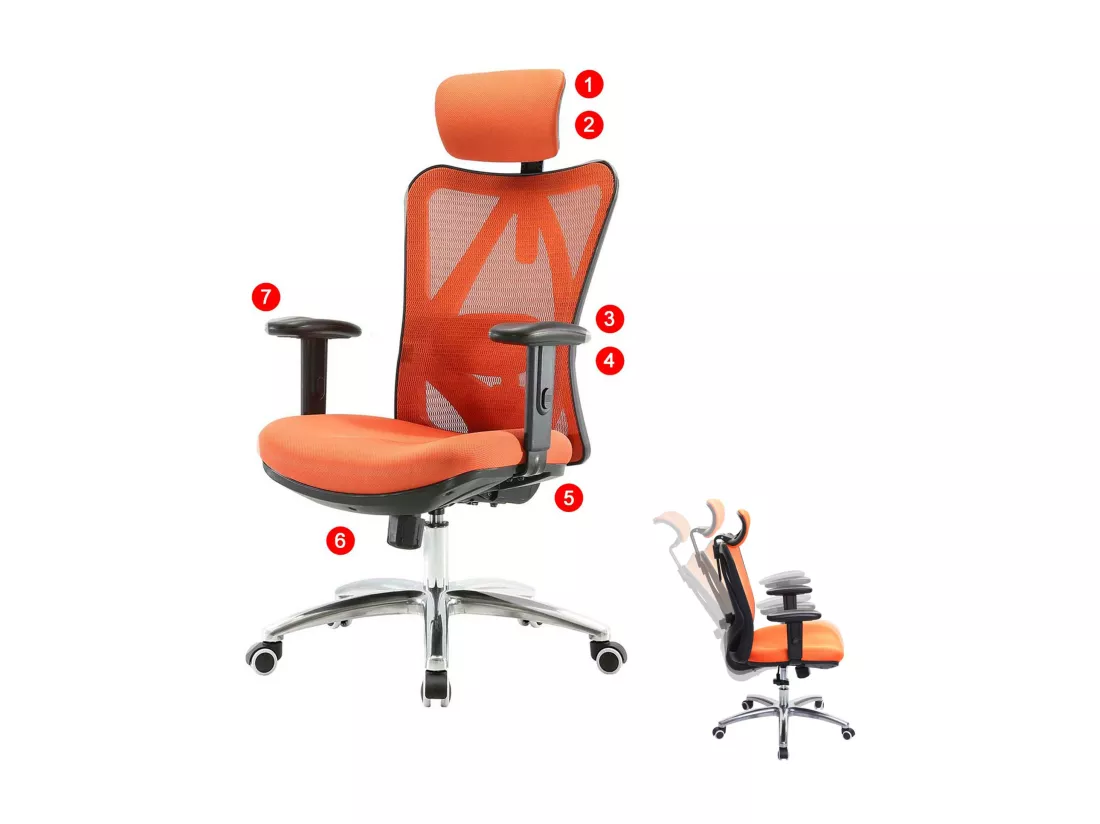 Chaise de bureau SIHOO-J86, sans repose-pieds, orange