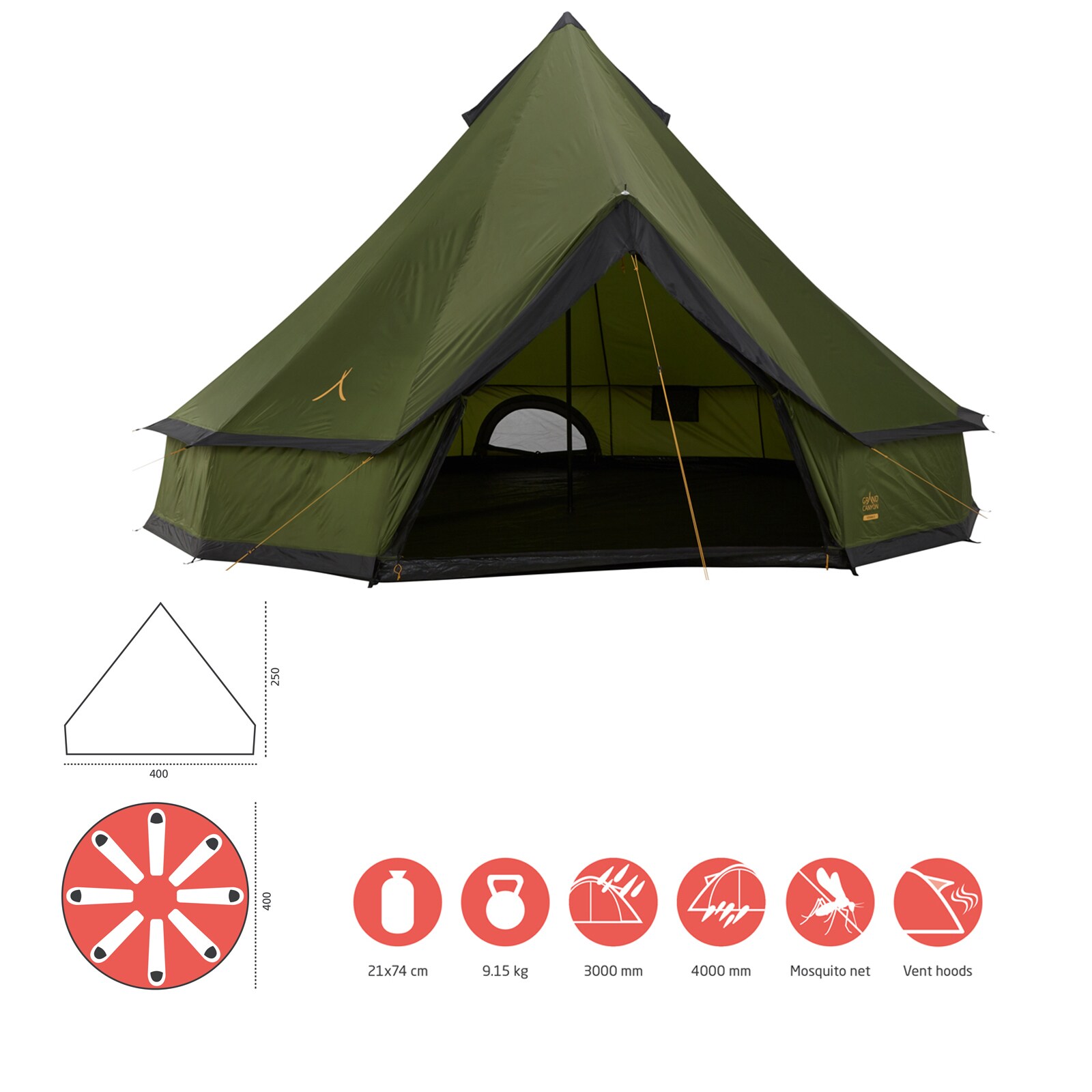 GRAND CANYON Indiana 8 Personen Rund Zelt Familien Gruppen Zelt Tipi Wigwam Groß Farbe: Capulet Olive