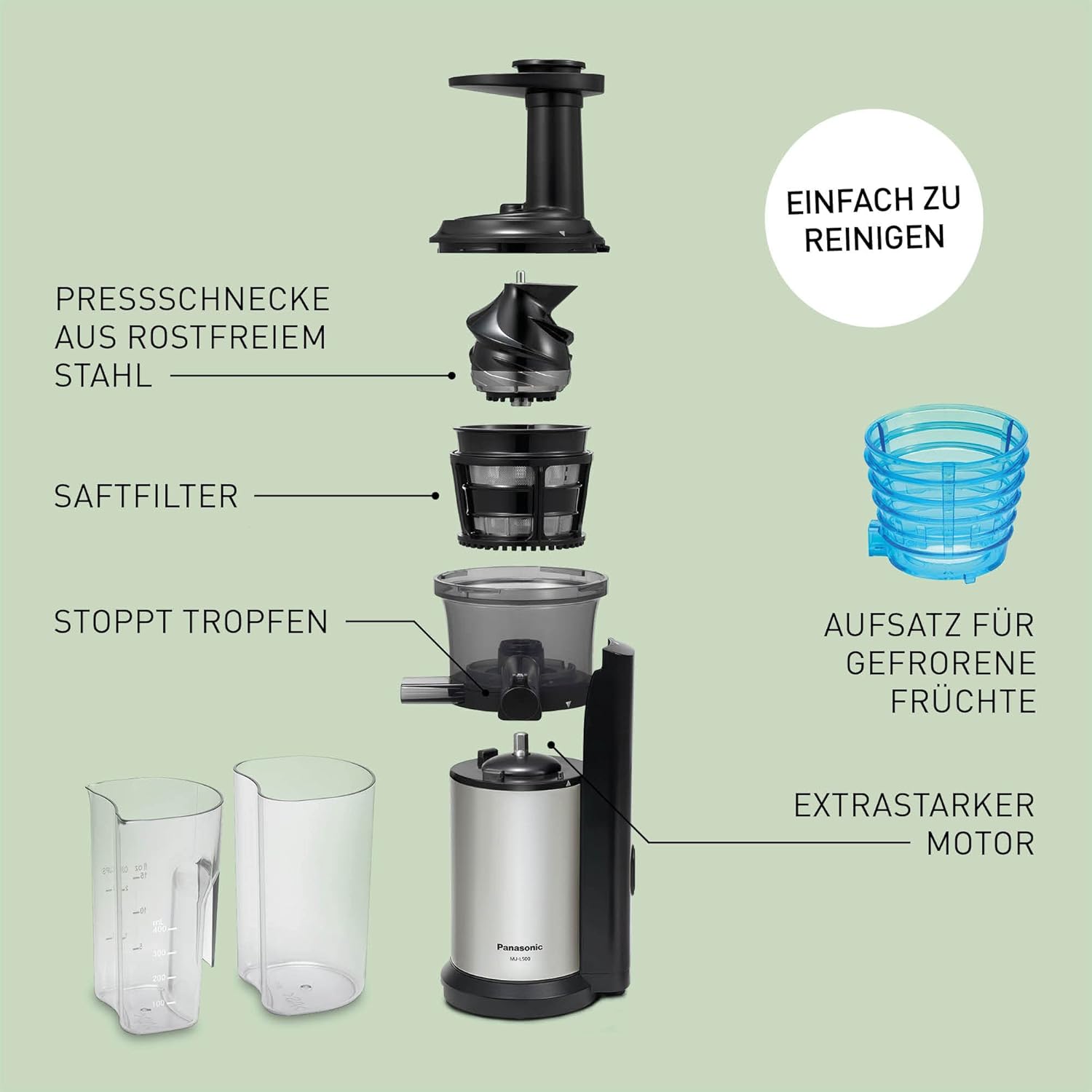 Panasonic MJ-L500S Slow Juicer / Entsafter / 2 Einsätze für Säfte & tiefgefrorene Zutaten / Frozen Joghurt / Silber