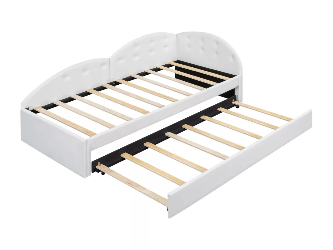 Lit gigogne 90 x 200 cm + 80 x 190 cm avec tête de lit - Cuir PU - sommier à lattes - coloris blanc