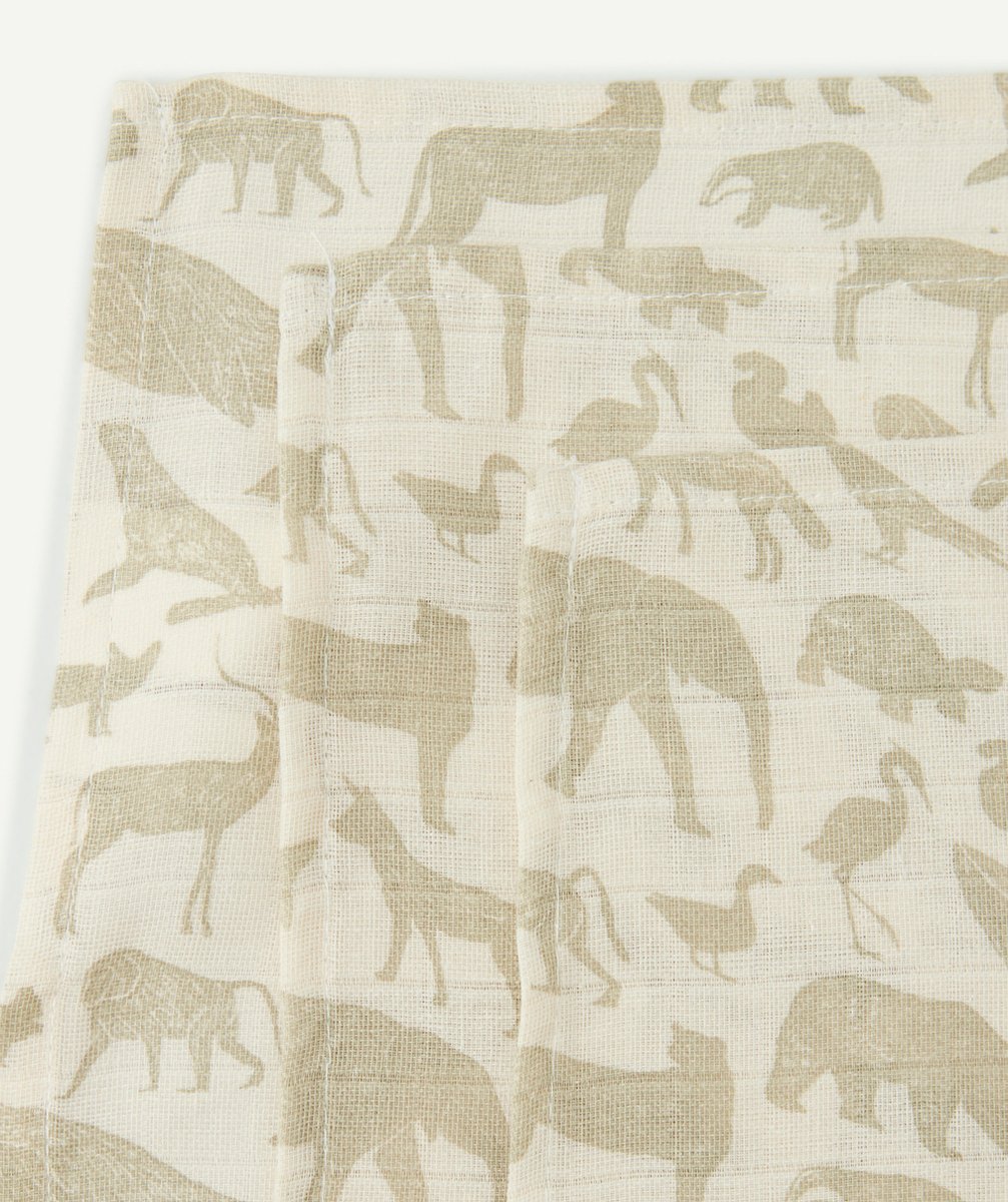 JOLLEINLOT DE 3 LANGES 70x70 CM EN GAZE DE COTON IMPRIMÉ ANIMAUX VERT OLIVE