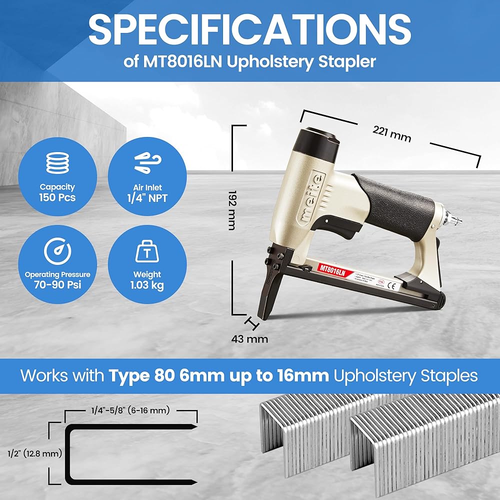 meite MT8016LN Agrafeuse Pneumatique Type 80 Agrafeuse Tapissier Bec Long – Agrafeuse à Air pour Menuiserie et Fabrication de Meubles, Compatible avec type 80/6 mm à 16 mm agrafes : Bricolage