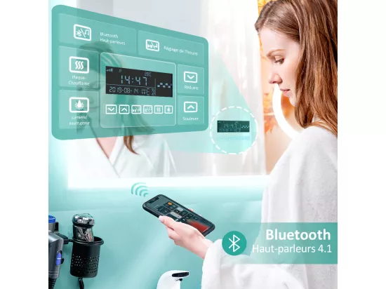 EMKE Miroir lumineux salle de bain 80x60cm, Miroir LED avec Interrupteur Tactile, Anti-buée, 3x Grossissement, Bluetooth, Lumière Blanche Froide