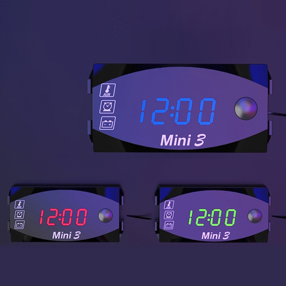 3in1 Motorrad Digital Uhr / Thermometer / Voltmeter LED Spannungsmesser IP67 - Schwarz / Blau