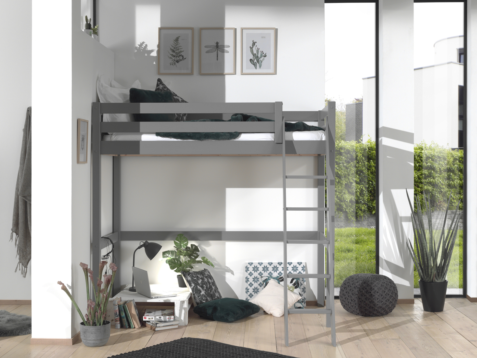 Hochbett - grau - Kiefer massiv - 140x200 cm