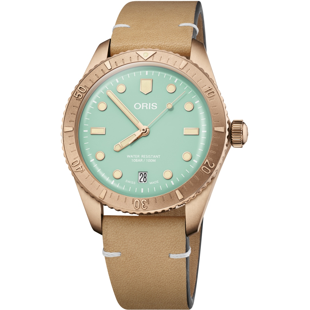 Oris Divers Sixty-Five Cotton Candy Wildgrün auf Lederband