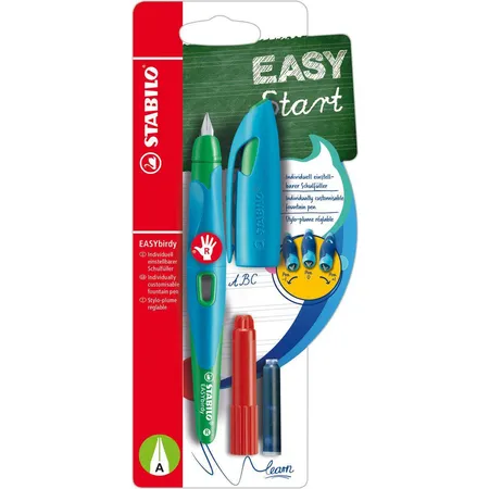 Ergonomischer Schulfüller für Rechtshänder mit Anfänger-Feder A - STABILO EASYbirdy in himmelblau/grasgrün - Einzelstift - inklusive Patrone und Einstellwerkzeug - Schreibfarbe blau (löschbar)