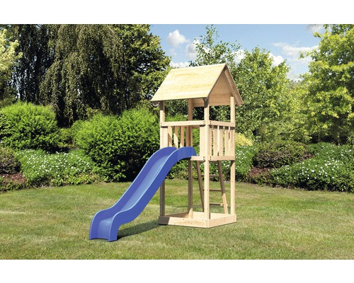 AKUBI Lotti houten speeltoren met zandbak en glijbaan, blauw