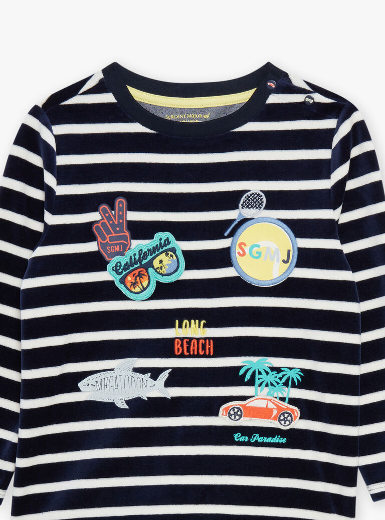 Pyjama en velours bleu marine à rayures écrues