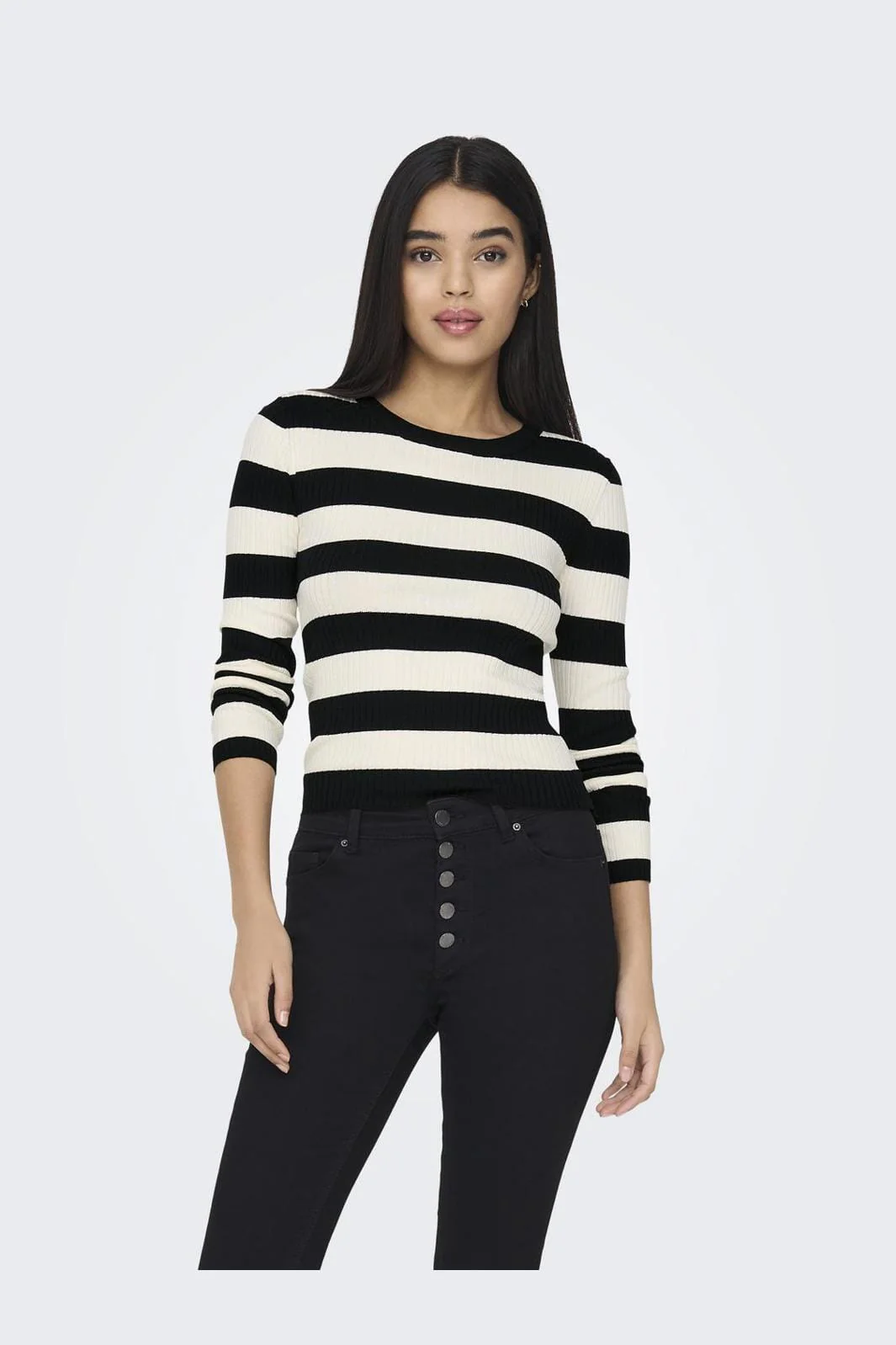 JDY JDYplum L/S O-Neck Pullover Knt 4149549 black w eggnog stripes