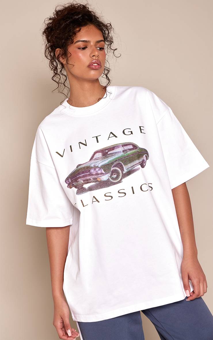 Blanc T-shirt Oversize En Coton Épais Avec Motif Voiture