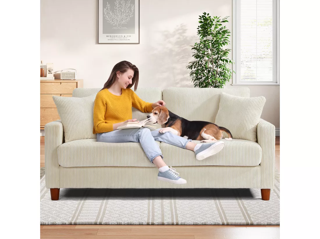 Canapé en Velours Côtelé 2 Places,Grand Canapé Droit Rembourré Moderne avec Sièges extra profonds de 56cm - 2 Coussins - 178x76x89cm - Beige