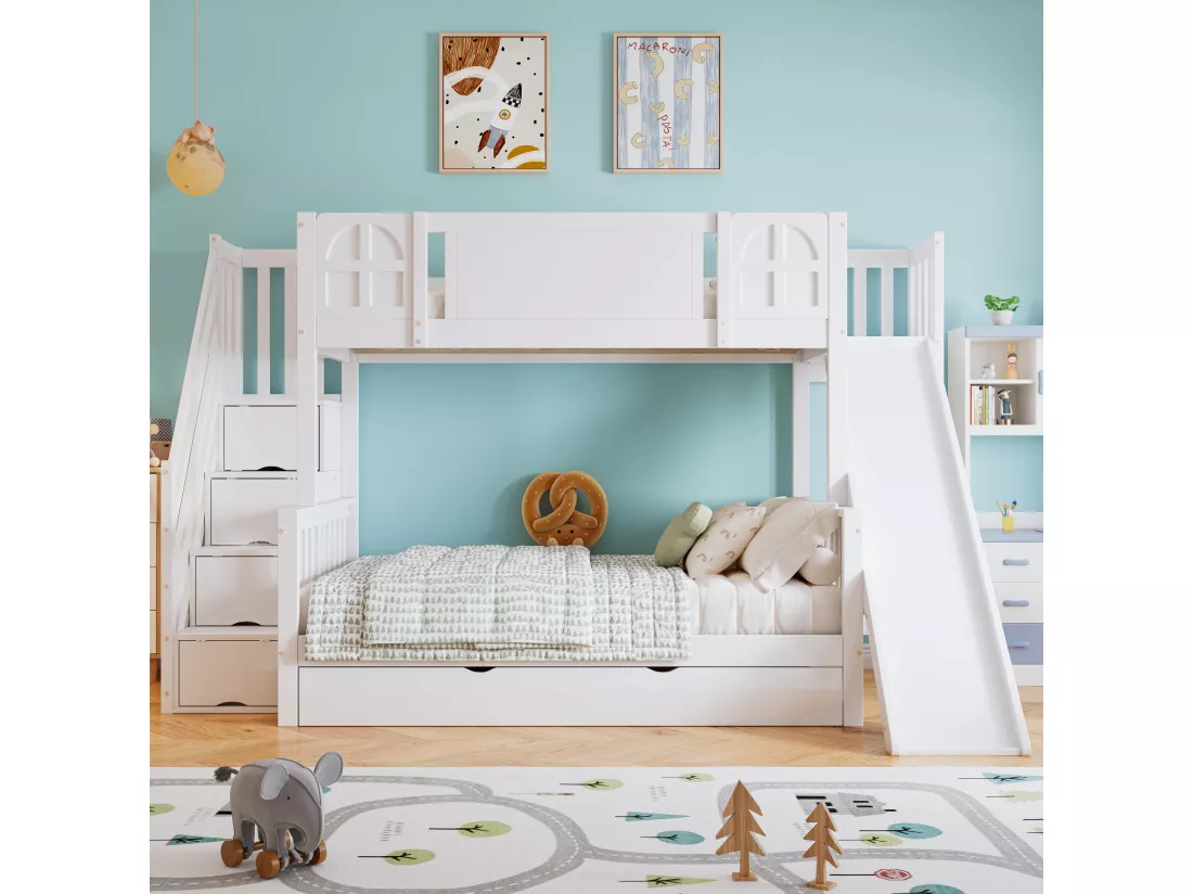 Lit superposé enfant 90x200 cm - avec fenêtre - avec toboggan enfant - tiroirs sur roulettes - escalier avec rampes - bois massif + MDF - blanc (sans matelas)