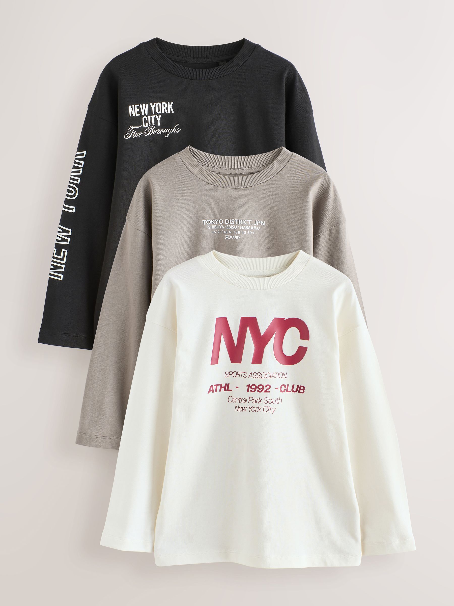 Zwart/wit/steenkleurig - 3 Relaxed Fit T-shirts met grafische print en lange mouwen (3-16jr)