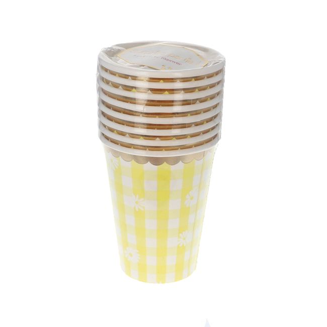Lot de 8 gobelets à pâquerettes vichy jaune  Surprise Partie !