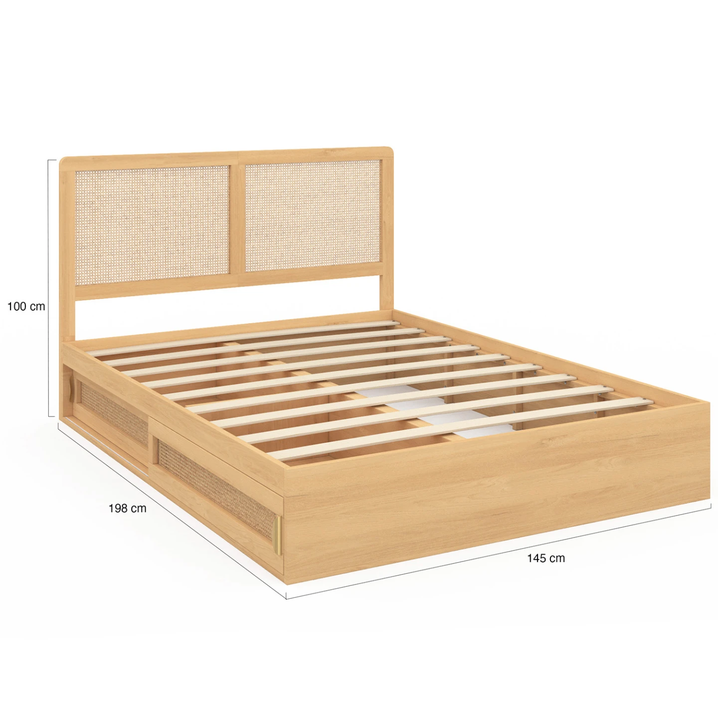 Lit double EDHEN avec rangements + tête de lit cannage et sommier 140 x 190 cm coloris bois