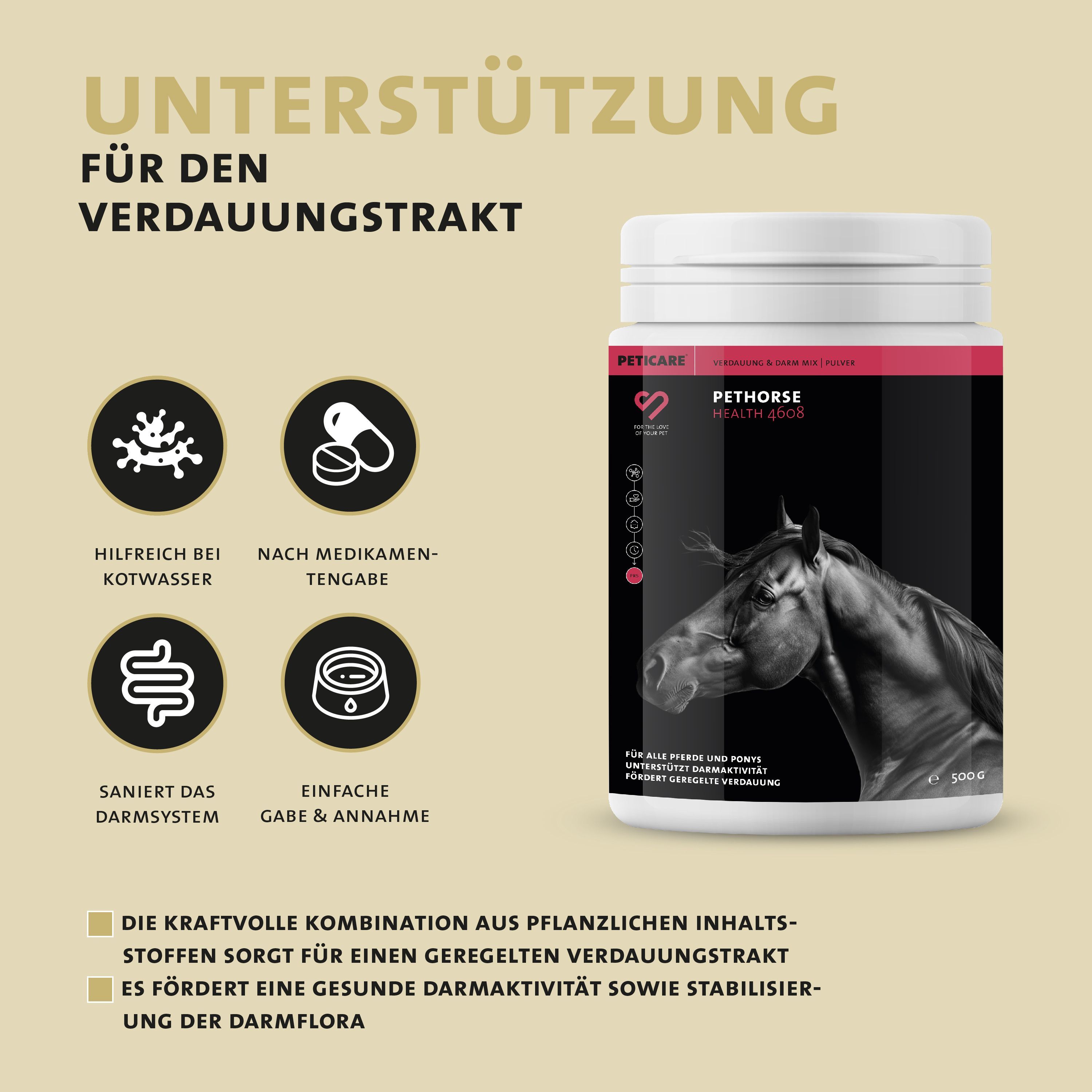 Peticare Natürliches Verdauungs-Pulver für Pferde, unterstützt Darm-Gesundheit