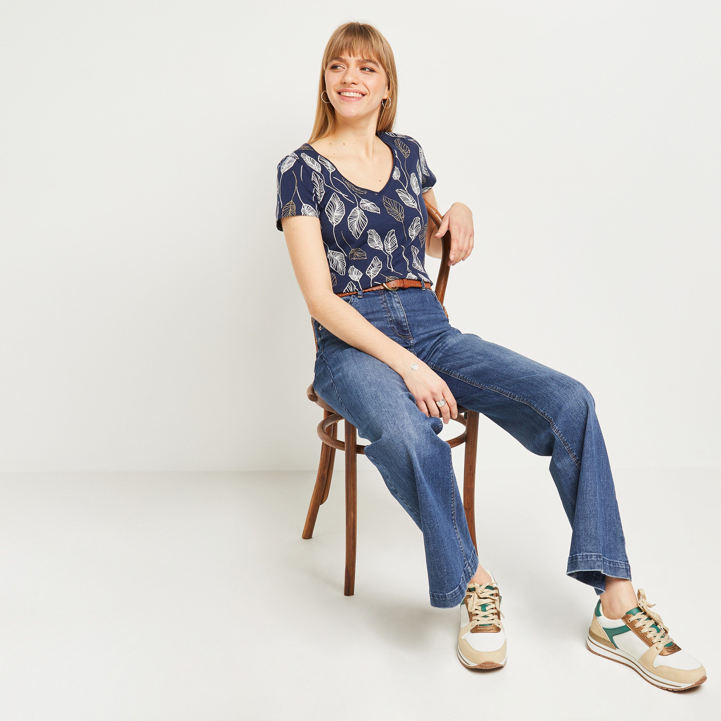 T-shirt imprimé col V femme - MARINE