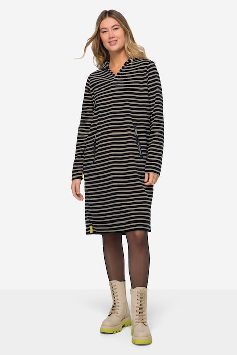 Kleid, geringelter Fleece, Midilänge, Kapuze, Langarm, OEKO-TEX