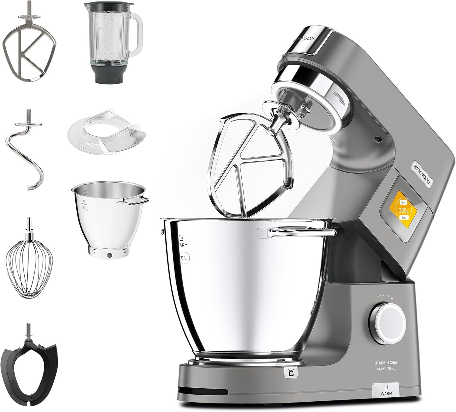 Kenwood Titanium Chef Patissier XL KWL90.034SI – Küchenmaschine mit integrierter Waage & 7 L Rührschüssel mit Wärmefunktion, 1400 Watt, inkl. 4-teiligem Patisserie-Set, silber