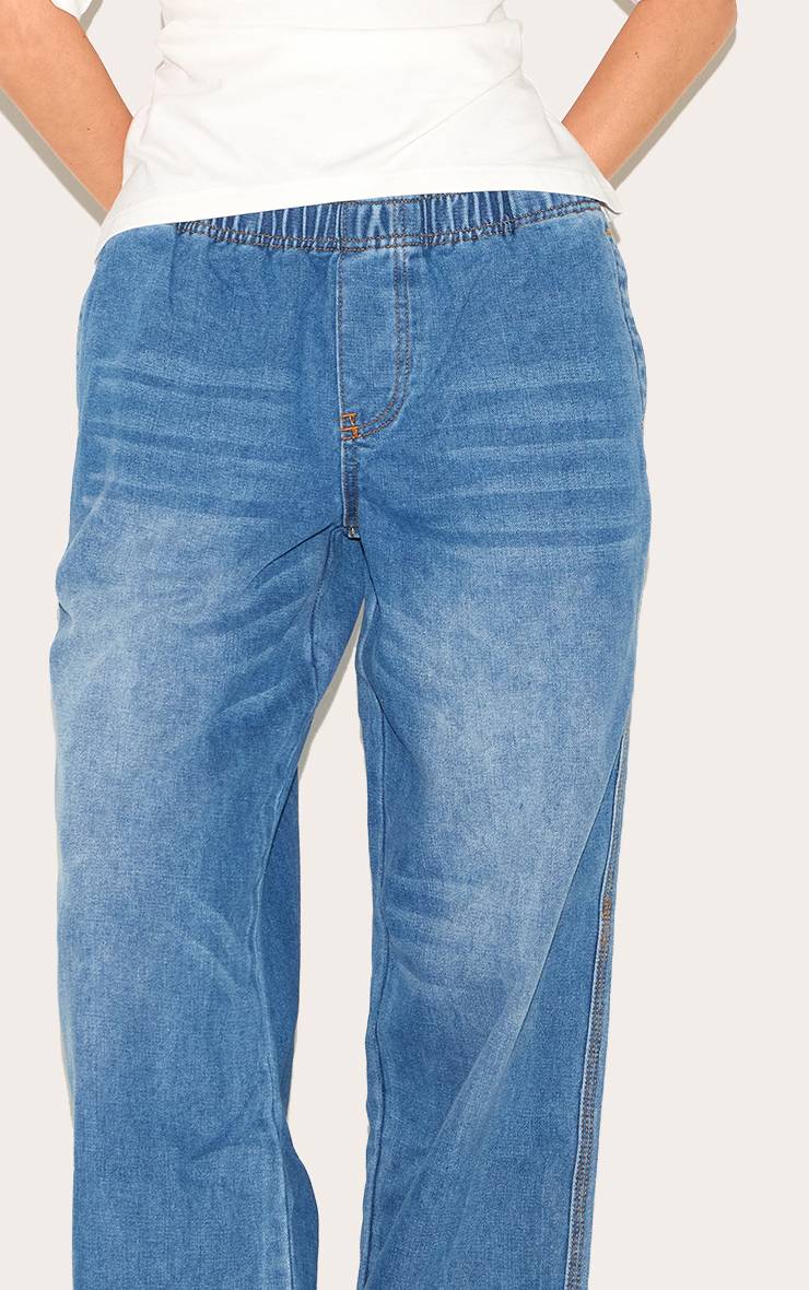 Mid Blue Wash Jean Jambe Large À Taille Élastiquée
