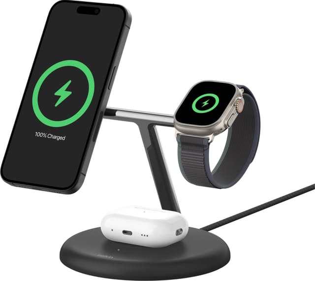 Belkin BoostCharge Pro 3-i-1 Qi2 trådløs opladningsstander (sort)