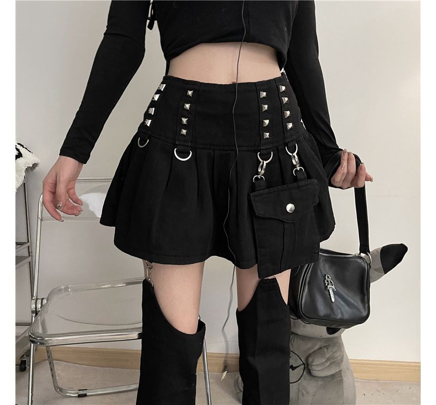 RONIN - Set: Hoge taille effen geplooide mini A-lijn denim rok met studs + beenwarmers