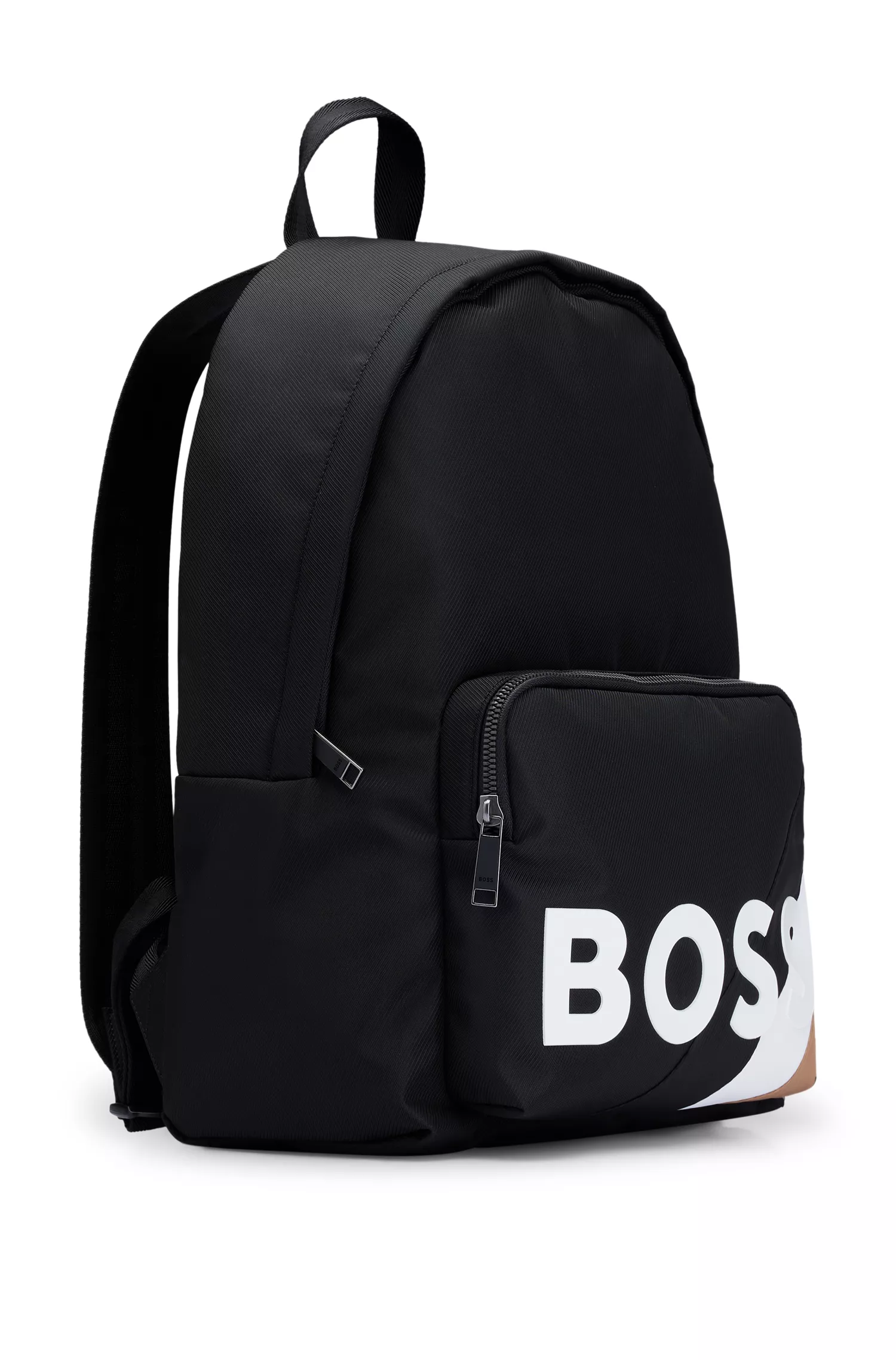 Mochila BOSS preta com zíper, logotipo e faixa característica.