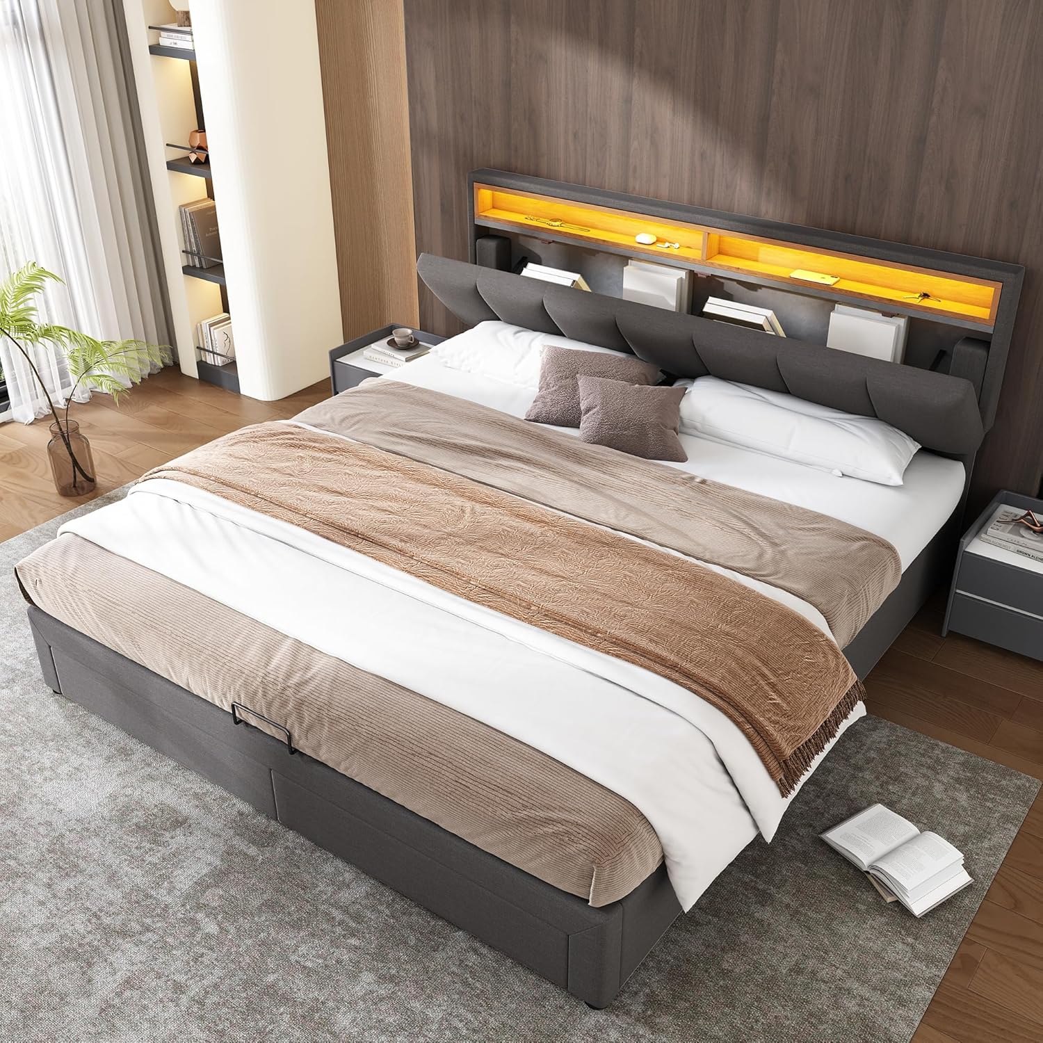 Polsterbett Doppelbett 180x200 cm mit LED-Beleuchtung, Hydraulisch Bett mit Stauraum Schubladen und Kopfteil, Stauraumbett Bettgestell mit Bettkasten und Lattenrost, Leinen, Grau, Ohne Matratze DS0852800