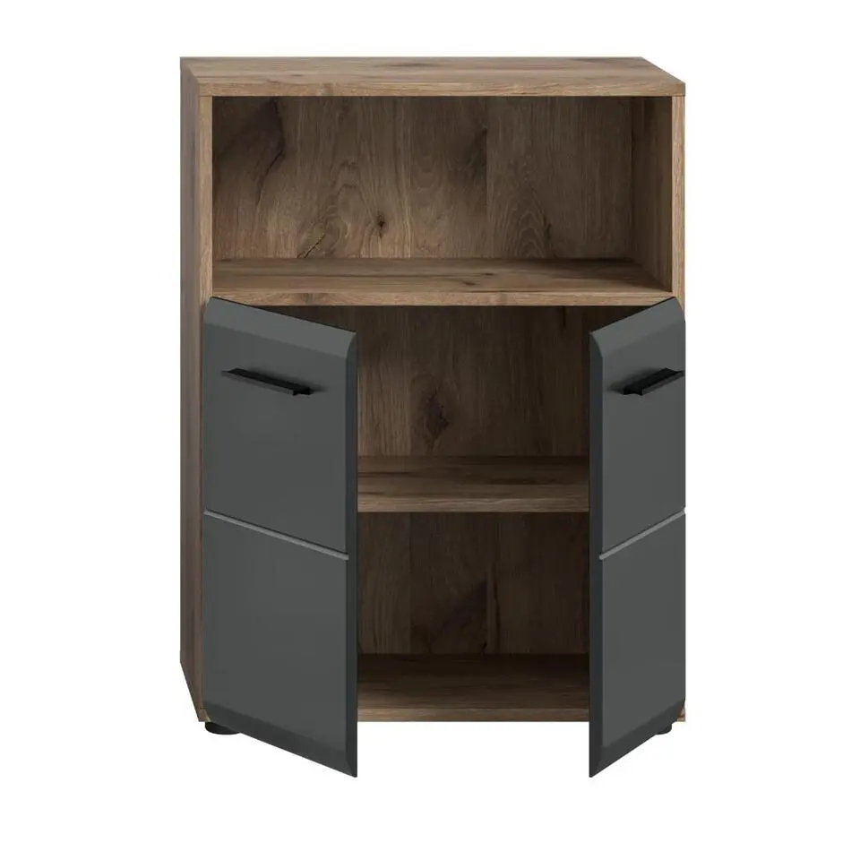 Hioshop Ice badkamerkast 2 deuren- 1 plank zwart mat- eiken decor