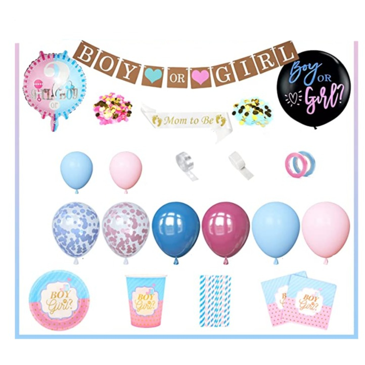 (168-tlg. Set) Baby Shower Party Deko Gender Reveal Ballons / Girlande / Party Geschirr / Schärpe - Rosa / Blau