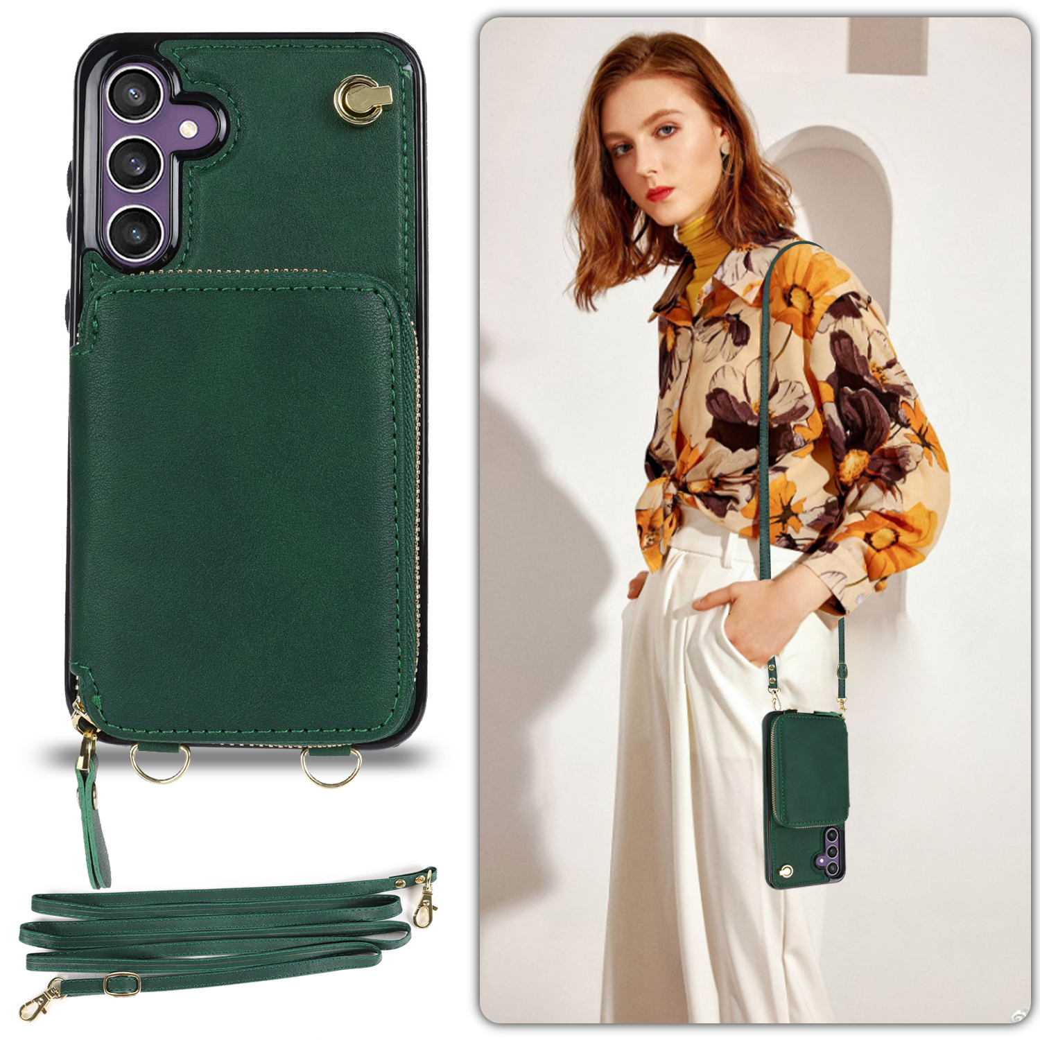 Samsung Galaxy S25 Necklace Leder Schutz Hülle mit Kartenfächer   Handykette (140cm) - Dunkelgrün